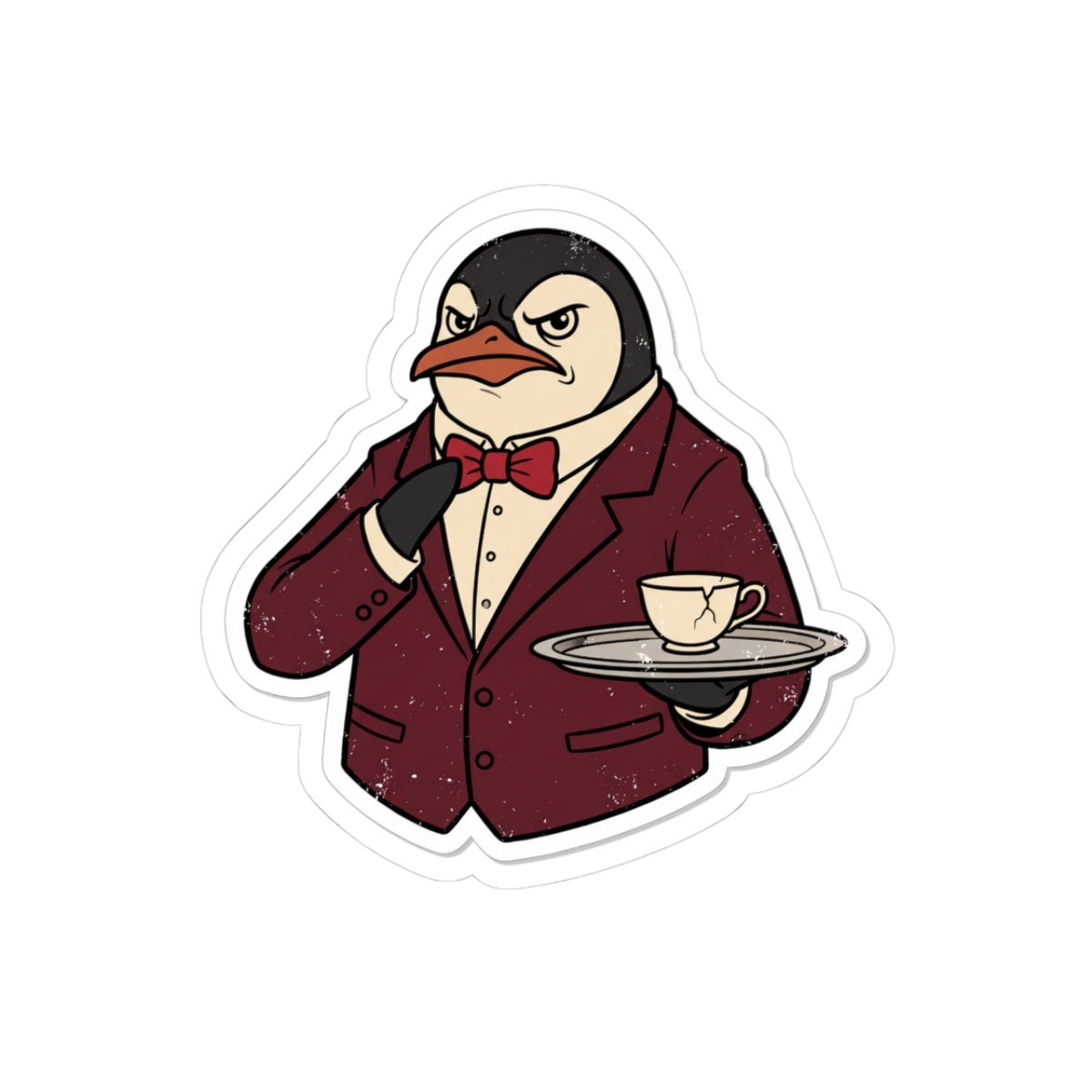 Penguin Butler Sticker — Dapper Penguin Serving Tea Kiss-Cut Vinyl Decal