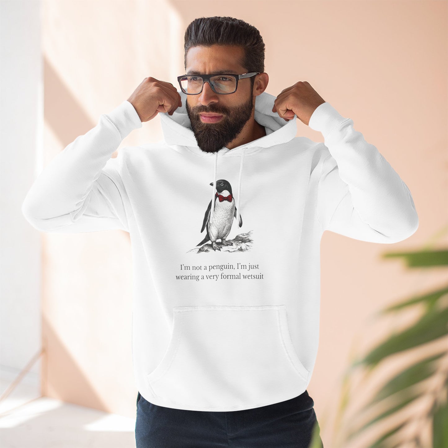 [MSI] "I’m Not a Penguin" Funny Penguin Woodcut Hoodie, Sarcastic Dapper Animal Sweatshirt