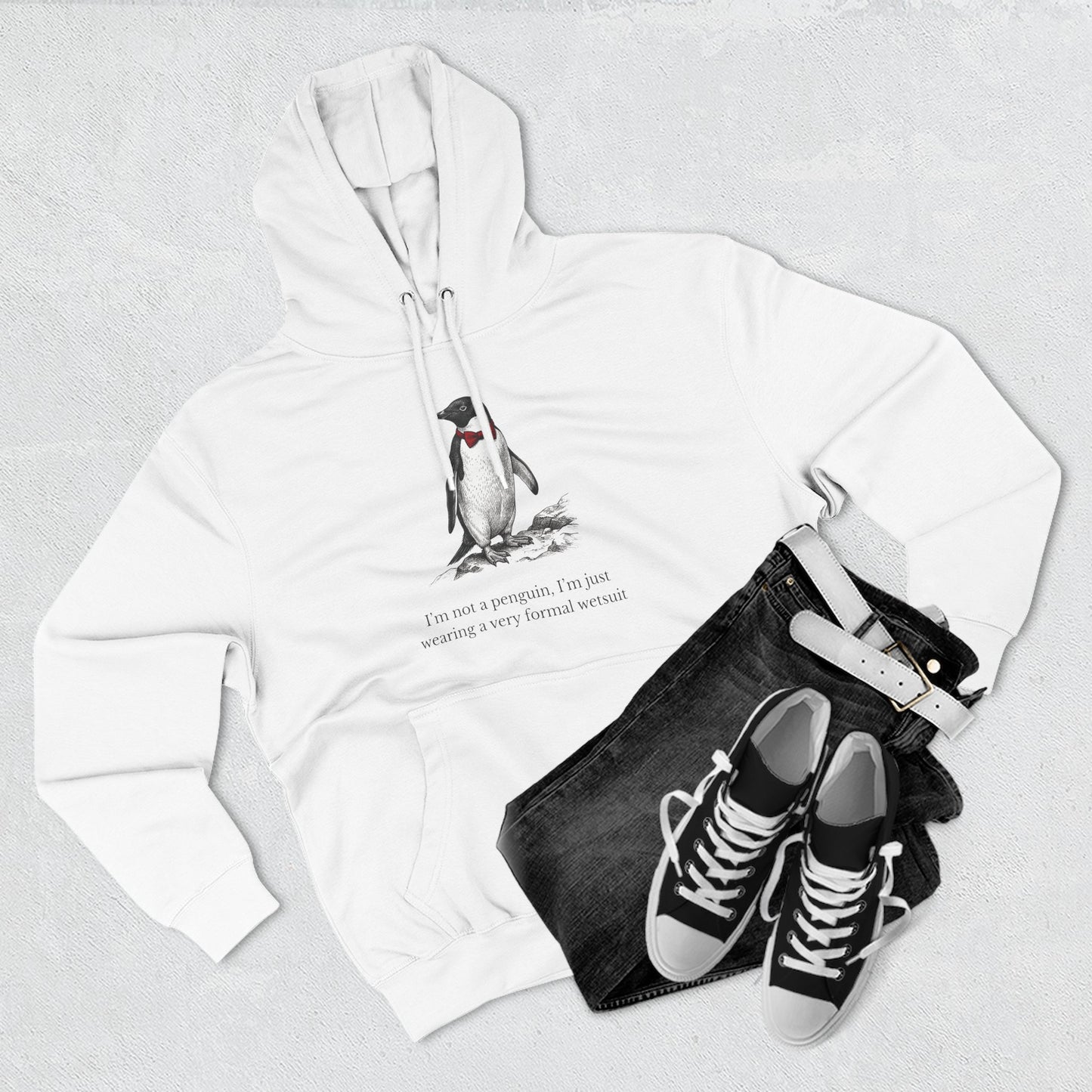 [MSI] "I’m Not a Penguin" Funny Penguin Woodcut Hoodie, Sarcastic Dapper Animal Sweatshirt
