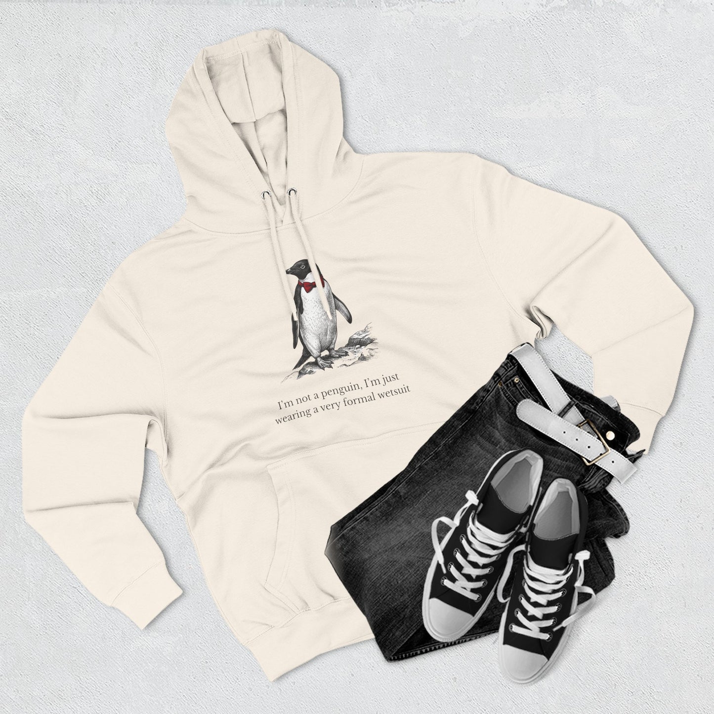 [MSI] "I’m Not a Penguin" Funny Penguin Woodcut Hoodie, Sarcastic Dapper Animal Sweatshirt