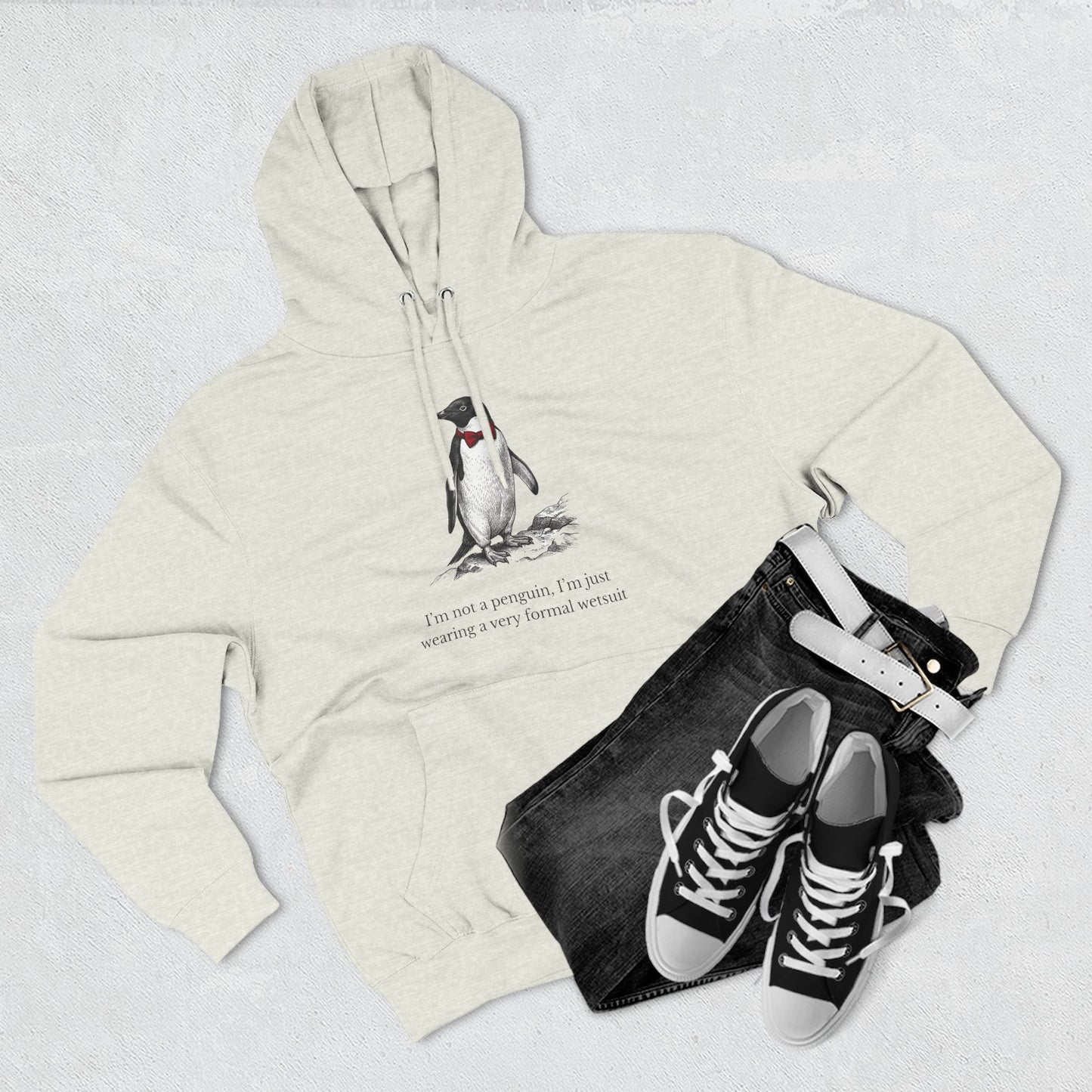 [MSI] "I’m Not a Penguin" Funny Penguin Woodcut Hoodie, Sarcastic Dapper Animal Sweatshirt