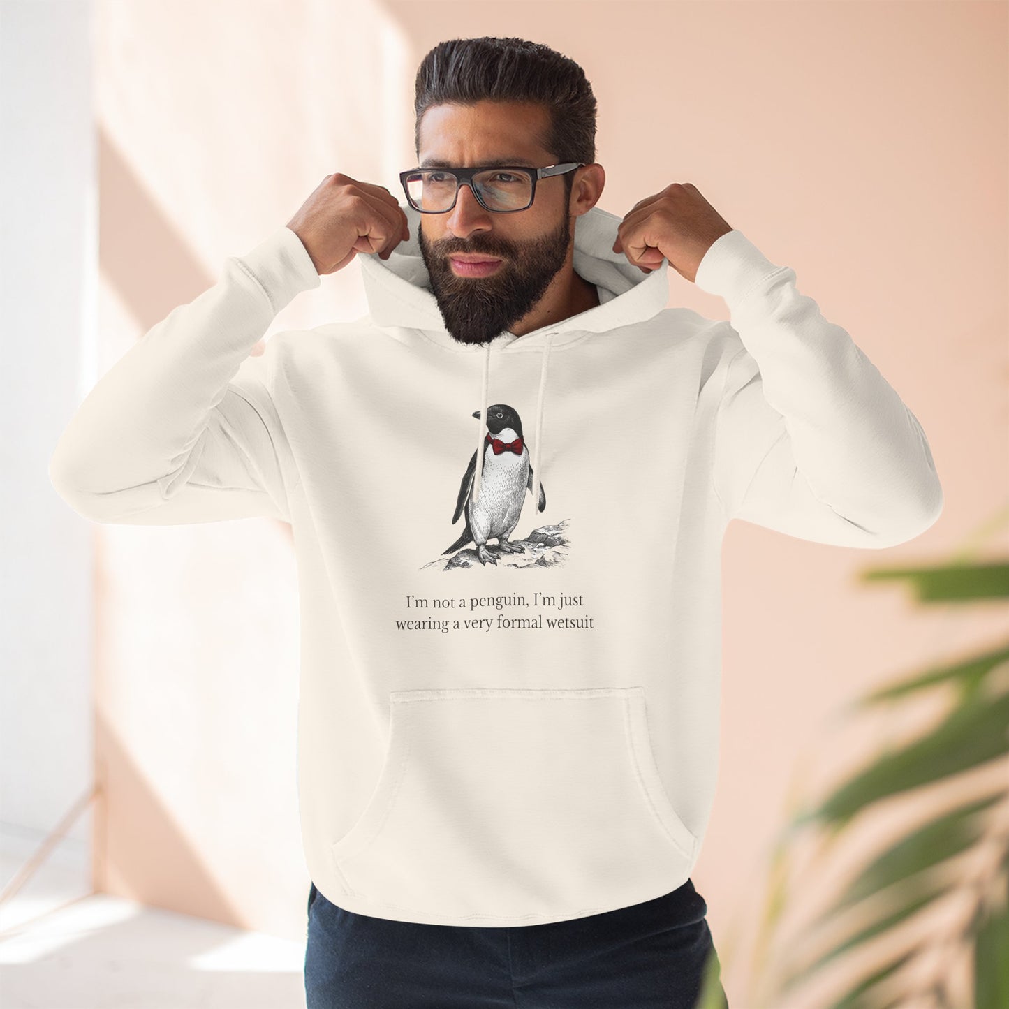 [MSI] "I’m Not a Penguin" Funny Penguin Woodcut Hoodie, Sarcastic Dapper Animal Sweatshirt