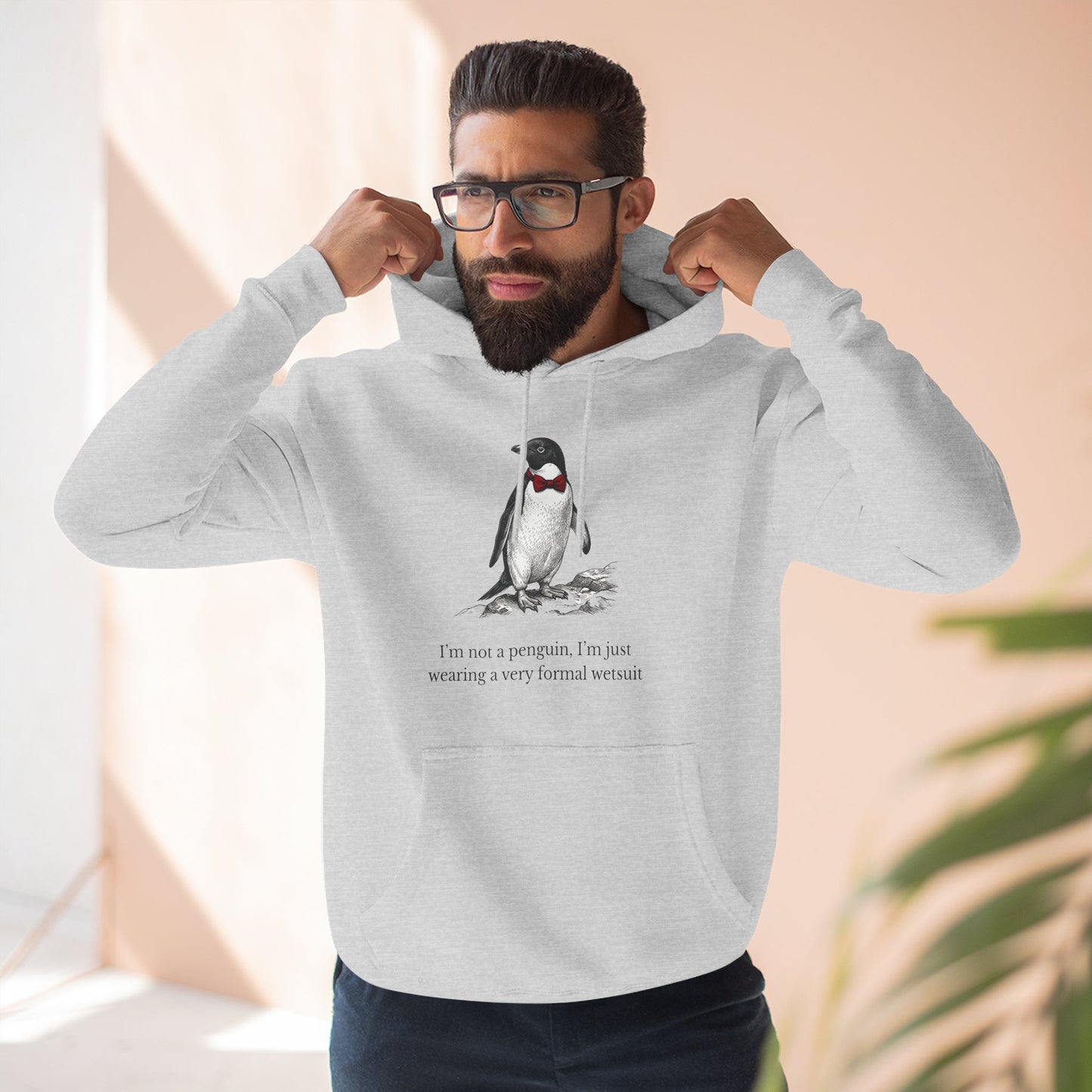 [MSI] "I’m Not a Penguin" Funny Penguin Woodcut Hoodie, Sarcastic Dapper Animal Sweatshirt