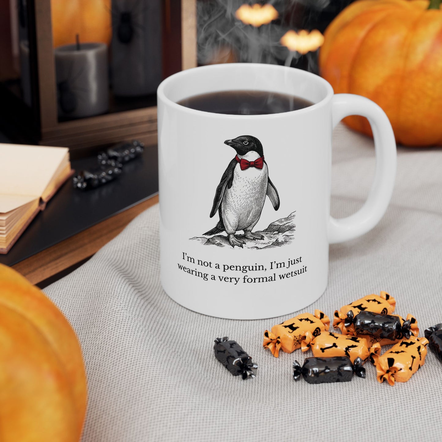 Sarcastic Penguin Gifts: Victorian Engraving Mug — Witty Dapper Animal Coffee Cup (11oz & 15oz)