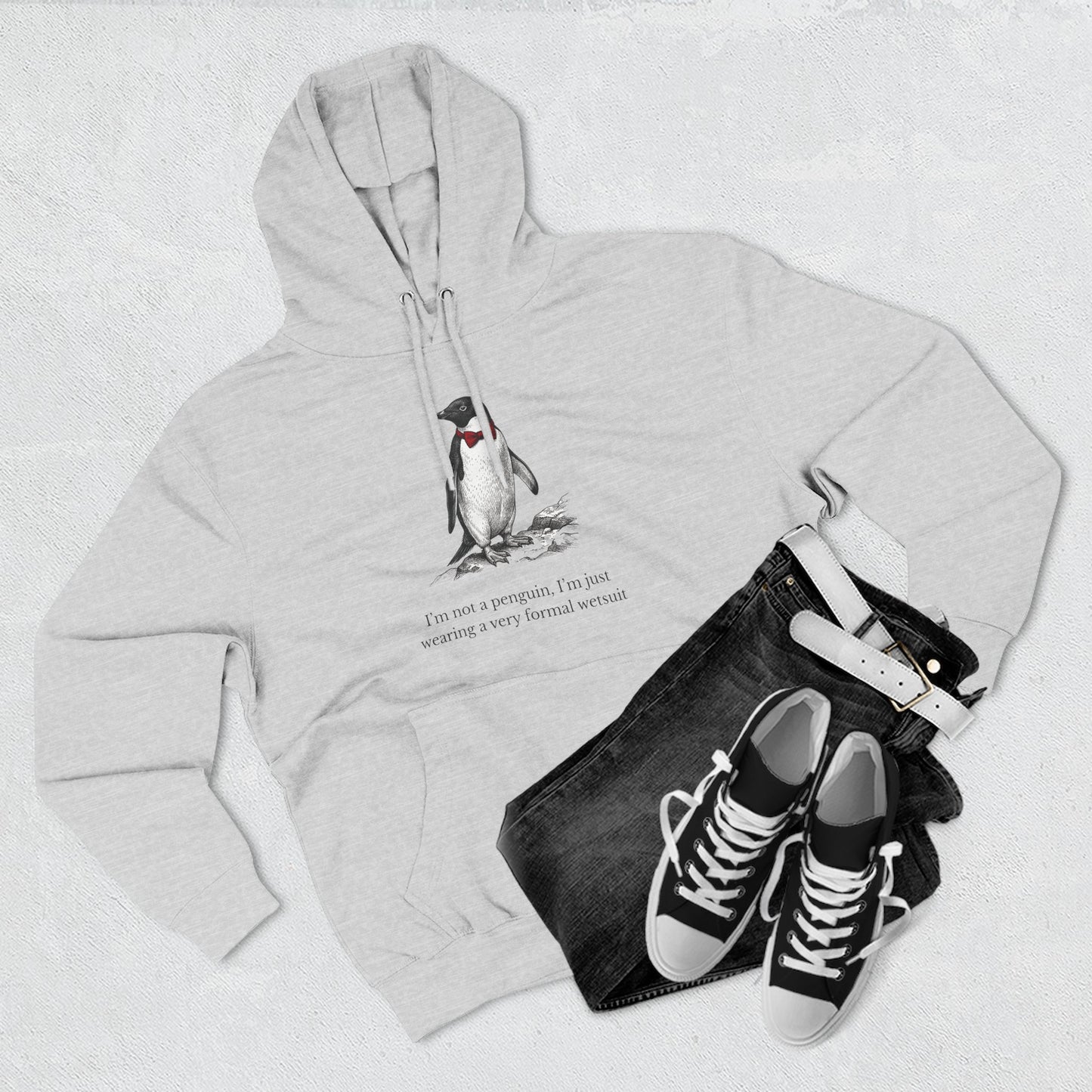 [MSI] "I’m Not a Penguin" Funny Penguin Woodcut Hoodie, Sarcastic Dapper Animal Sweatshirt
