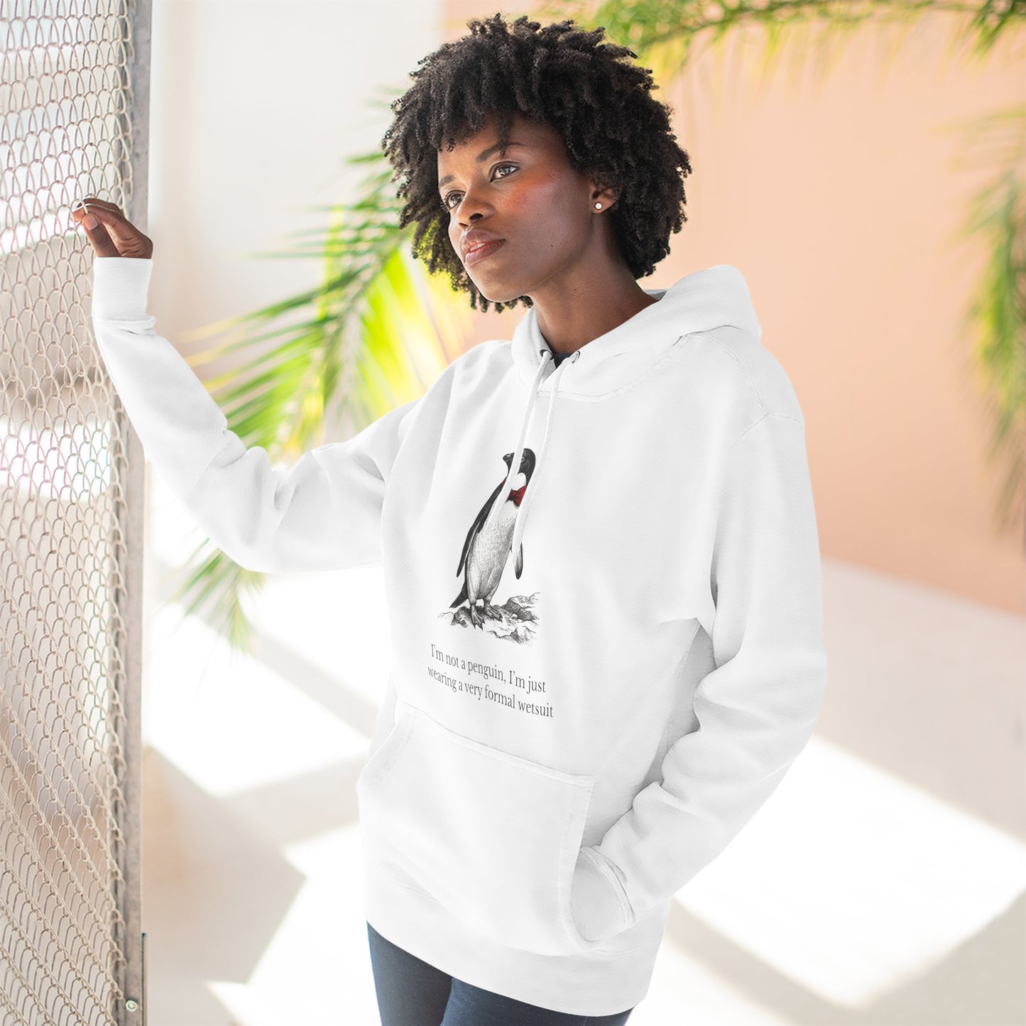 [MSI] "I’m Not a Penguin" Funny Penguin Woodcut Hoodie, Sarcastic Dapper Animal Sweatshirt