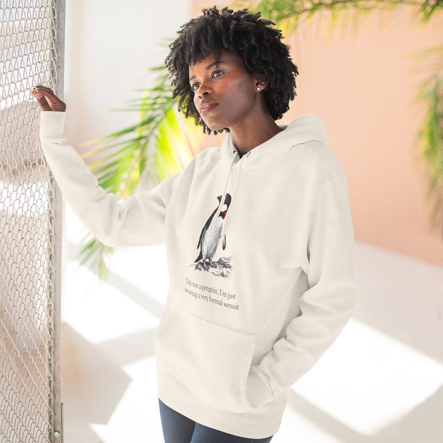 [MSI] "I’m Not a Penguin" Funny Penguin Woodcut Hoodie, Sarcastic Dapper Animal Sweatshirt